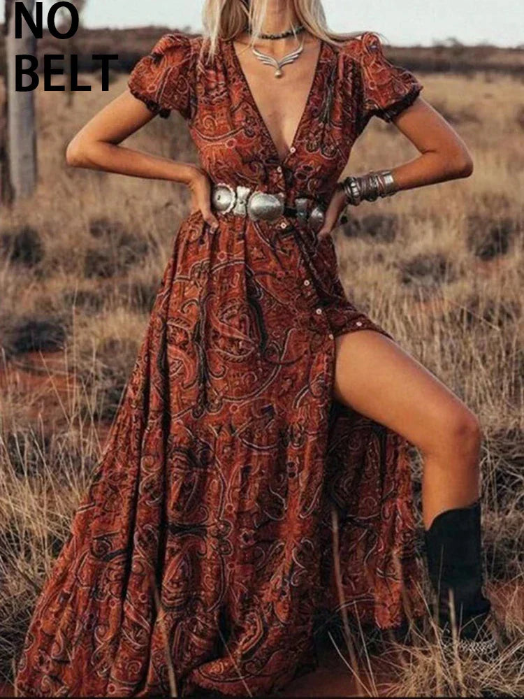 Elegant HighWaist Bohemian Floral Print Maxi Boho Dress
