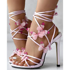 Butterfly Decor Pointed Toe Thin High Heel MultiStrap Korean Style High Heel