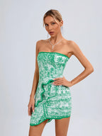 Summer Sexy Asymmetric Strapless Top Mini Skirts Two Piece Party Dress