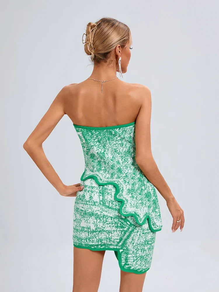 Summer Sexy Asymmetric Strapless Top Mini Skirts Two Piece Party Dress