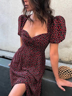 DressBetty - Midi Dress Vintage Floral Print Split Blue Sundress Elegant Party Beach Dress