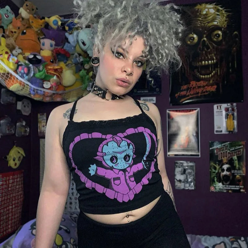 Gothic Lace Trim Uneck Exposed Navel Crop Top