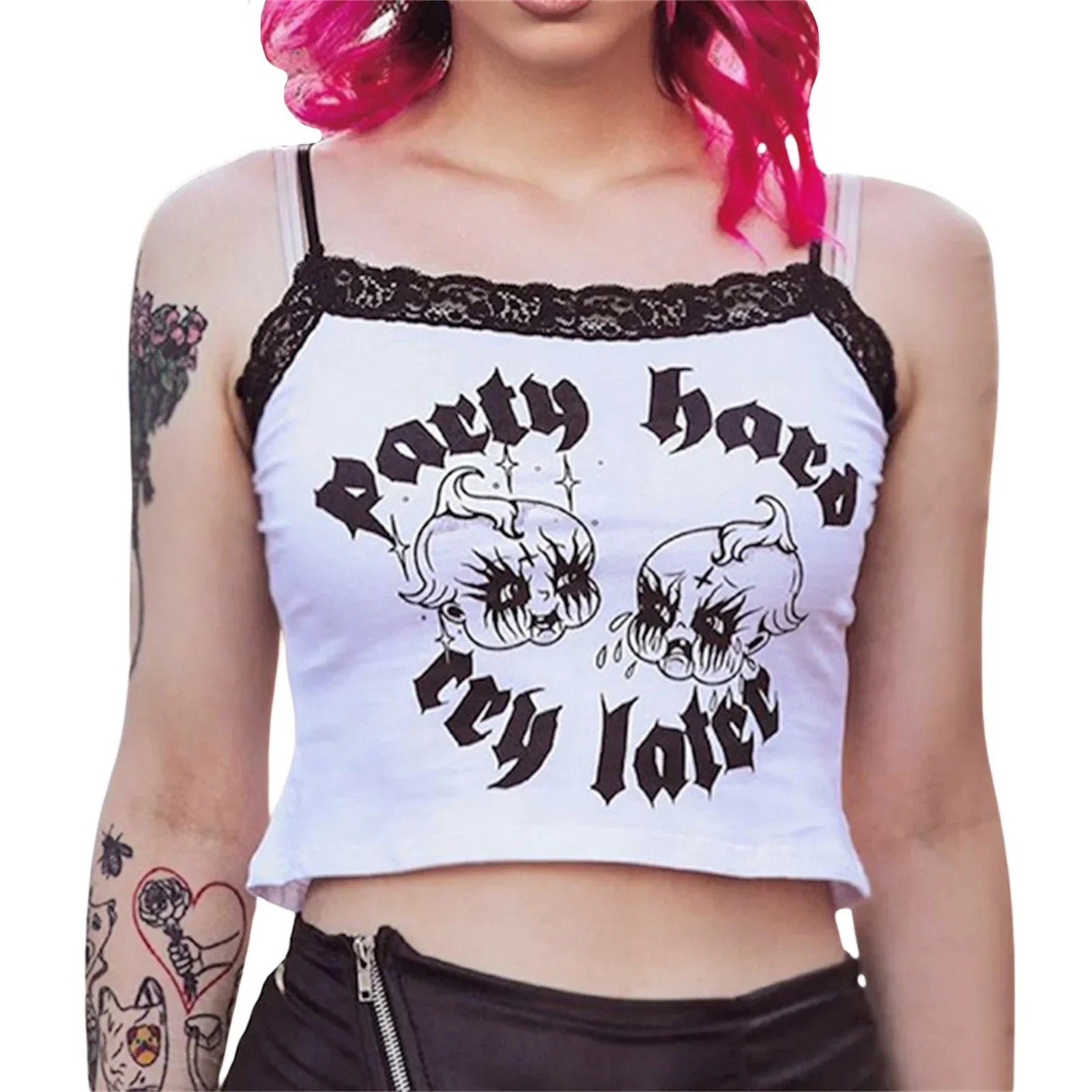 Gothic Lace Trim Uneck Exposed Navel Crop Top