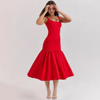 Elegant Red Spaghetti Strap Midi Holiday Dress Casual Birthday Party Dresses Party Dress