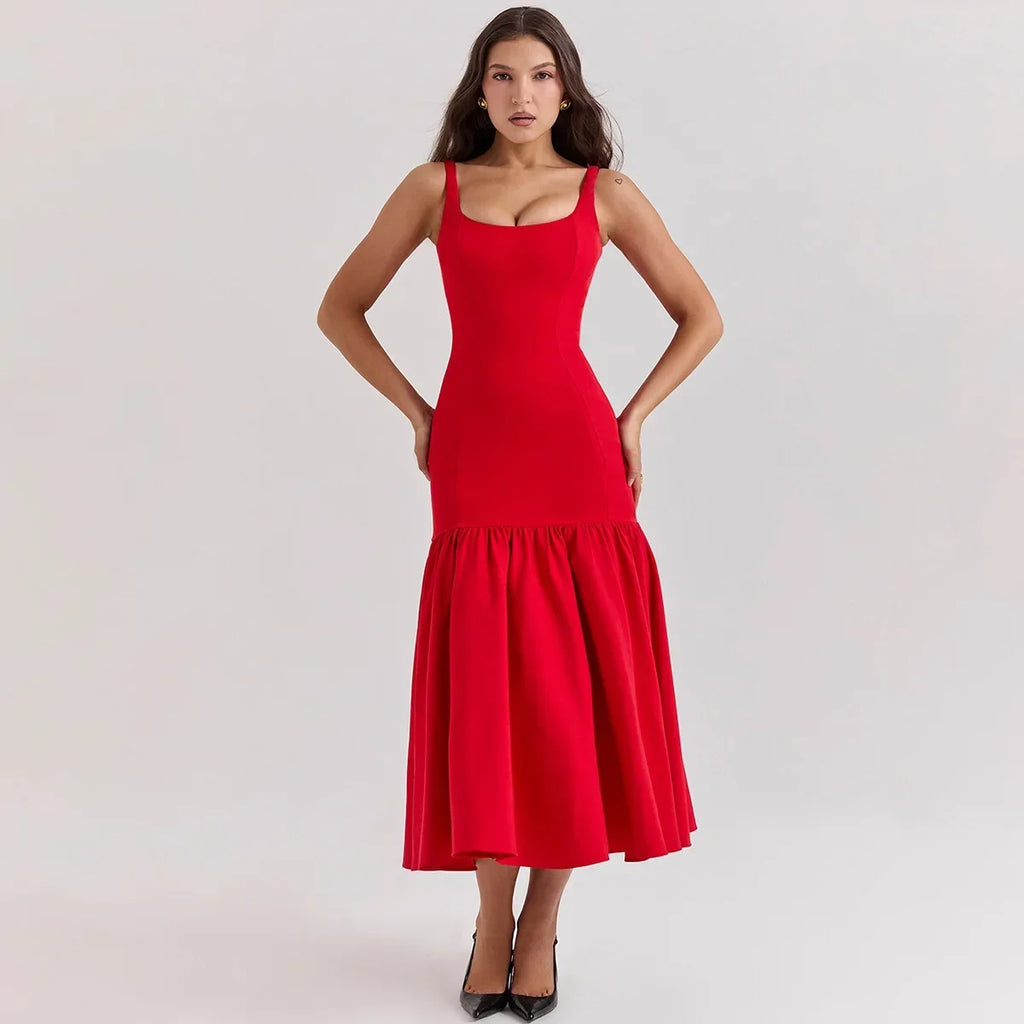 Elegant Red Spaghetti Strap Midi Holiday Dress Casual Birthday Party Dresses Party Dress