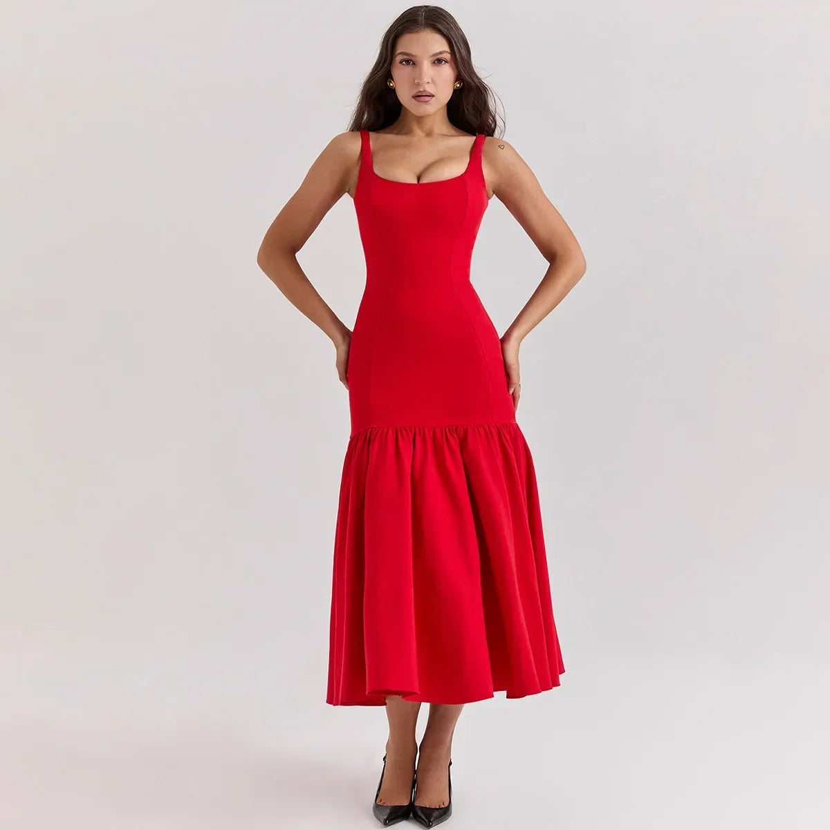 Elegant Red Spaghetti Strap Midi Holiday Dress Casual Birthday Party Dresses Party Dress