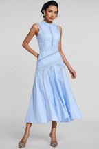 Arwty Blue Sleeveless Lace Midi Dress