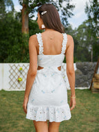 Sweet and Sexy Skirt Ruffle Trim Ditsy Embroidery Floral Cut out Cami Dress