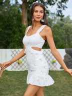 Sweet and Sexy Skirt Ruffle Trim Ditsy Embroidery Floral Cut out Cami Dress