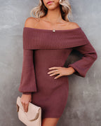 Tammy Off The Shoulder Ribbed Knit Sweater Dress Cinnamon FINAL