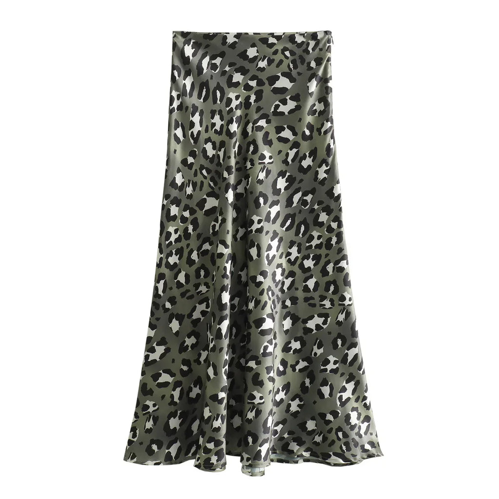 Female Retro Leopard Print Summer Fashion High Waist Satin ALine Skirt