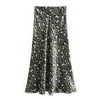 Female Retro Leopard Print Summer Fashion High Waist Satin ALine Skirt