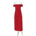 Elegant Backless Patchwork Long Red Sleeveless Bandeau Solid Pleated Wide Skirt Party Dress