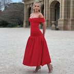 Elegant Backless Patchwork Long Red Sleeveless Bandeau Solid Pleated Wide Skirt Party Dress