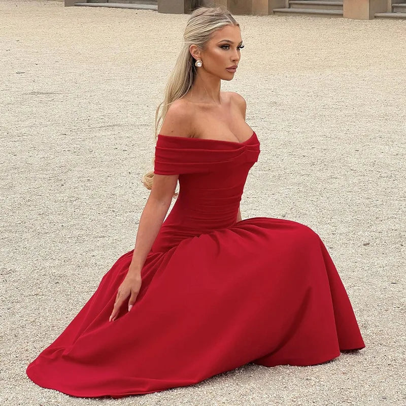 Elegant Backless Patchwork Long Red Sleeveless Bandeau Solid Pleated Wide Skirt Party Dress