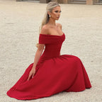 Elegant Backless Patchwork Long Red Sleeveless Bandeau Solid Pleated Wide Skirt Party Dress