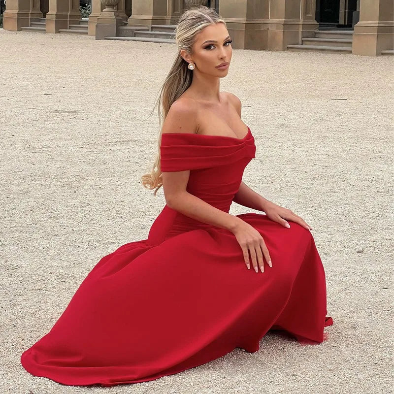 Elegant Backless Patchwork Long Red Sleeveless Bandeau Solid Pleated Wide Skirt Party Dress