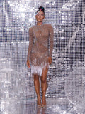 Talon Long Sleeve Crystal  Fringe Dress In Dark Nude
