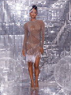 Talon Long Sleeve Crystal  Fringe Dress In Dark Nude