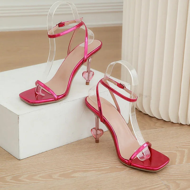 Elegant Square Head Thin Highheeled Open Toe Narrowband Ankle Buckle Banquet High Heel