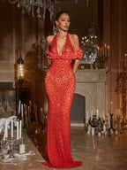 Halterneck Flower Rhinestone Maxi Dress In Red