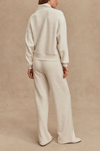 Meet The Autumn Ribbed Zipper Neck Sweatshirt and Elastic Waist Pocketed Loose Pants Set