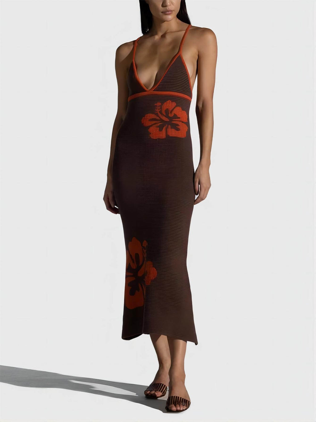 Knitted Suspender Halterneck V - Neck Backless Sexy Midi Dress