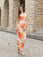 Tie Back Ruched Floral Print Mesh Cami Dress