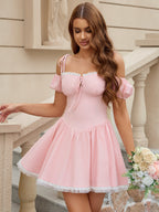 Tie Front Backless Lace Spliced Hem Cami Dress