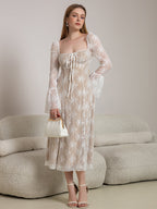Tie Front Bell Sleeve Contrast Lace Long Dress