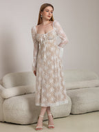 Tie Front Bell Sleeve Contrast Lace Long Dress