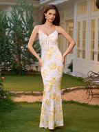 Tie Front V-Neck Lace Spliced Floral Print Mermaid Dress