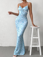 Tie Front V-Neck Lace Spliced Floral Print Mermaid Dress