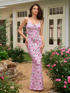 Tie Front V-Neck Lace Spliced Floral Print Mermaid Dress