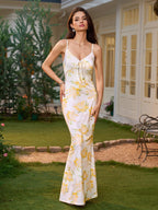 Tie Front V-Neck Lace Spliced Floral Print Mermaid Dress