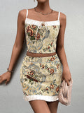Tie Front Zipper Back Jacquard Cami Top&Spliced Hem Skirt