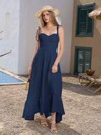 Tie Shoulder Ruched Bust Maxi Solid Dress