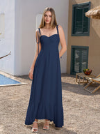 Tie Shoulder Ruched Bust Maxi Solid Dress