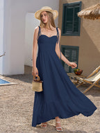 Tie Shoulder Ruched Bust Maxi Solid Dress