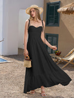 Tie Shoulder Ruched Bust Maxi Solid Dress