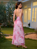 Tie Shoulder Ruffles Trim Split Thigh Print Mesh Dress