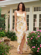 Tie Shoulder Ruffles Trim Split Thigh Print Mesh Dress
