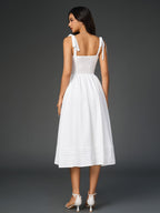Tie Shoulder V-Neck Pleated Pocket Solid Dress