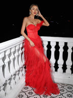 Titania One Shoulder Tulle Maxi Dress In Red