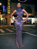High Neck Rhinestone Acrylic Maxi Dress