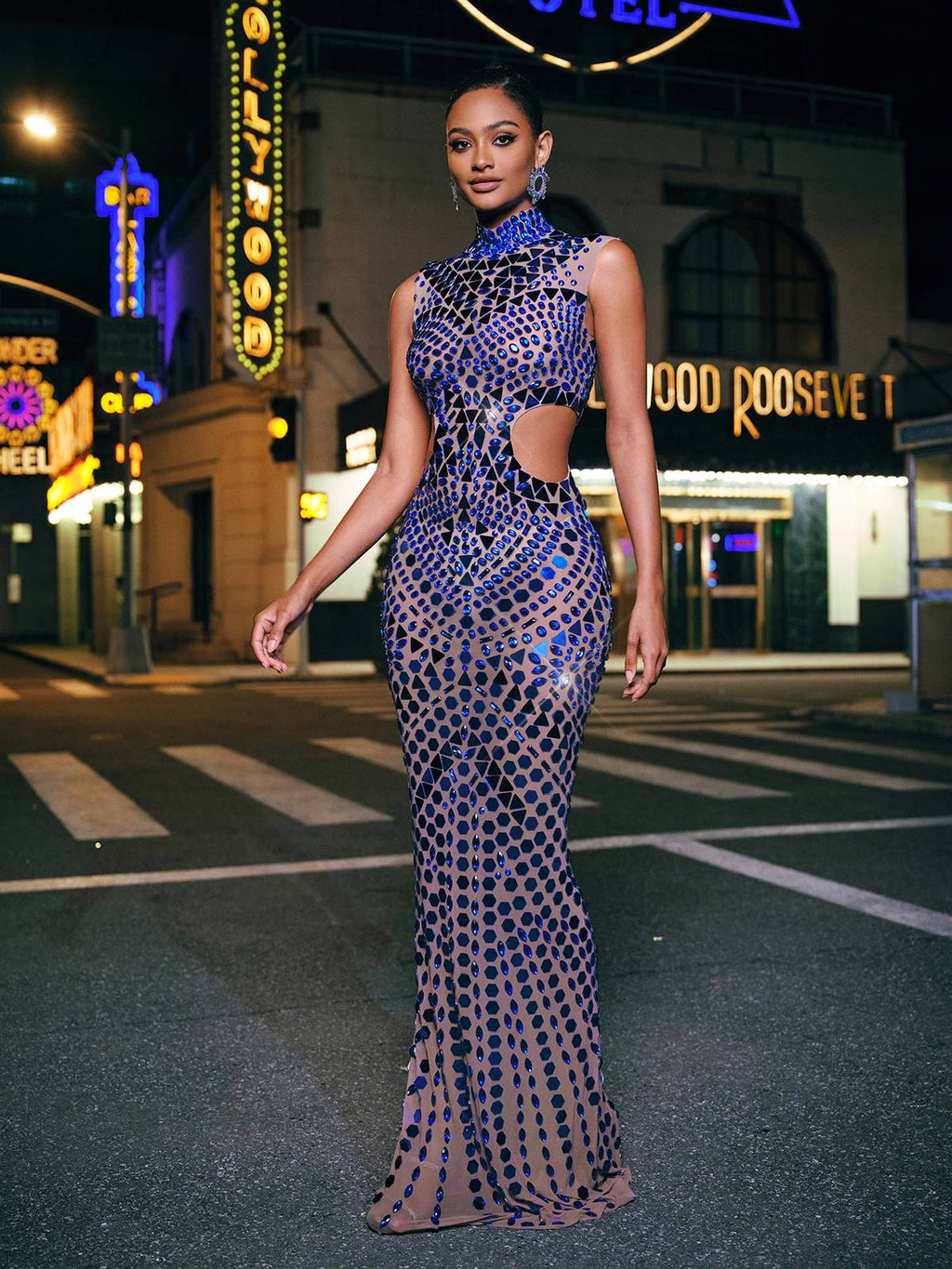 High Neck Rhinestone Acrylic Maxi Dress
