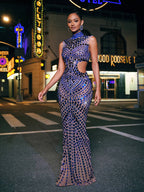 High Neck Rhinestone Acrylic Maxi Dress