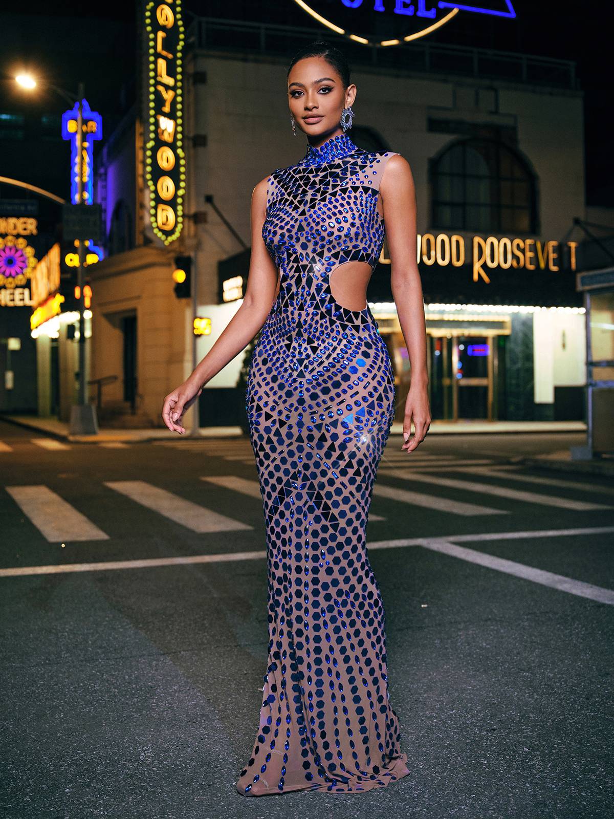 High Neck Rhinestone Acrylic Maxi Dress
