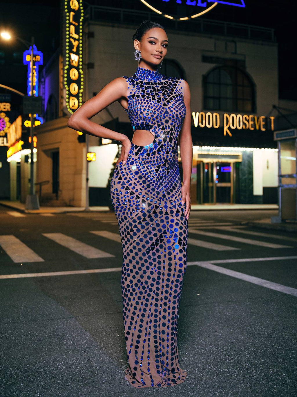 High Neck Rhinestone Acrylic Maxi Dress
