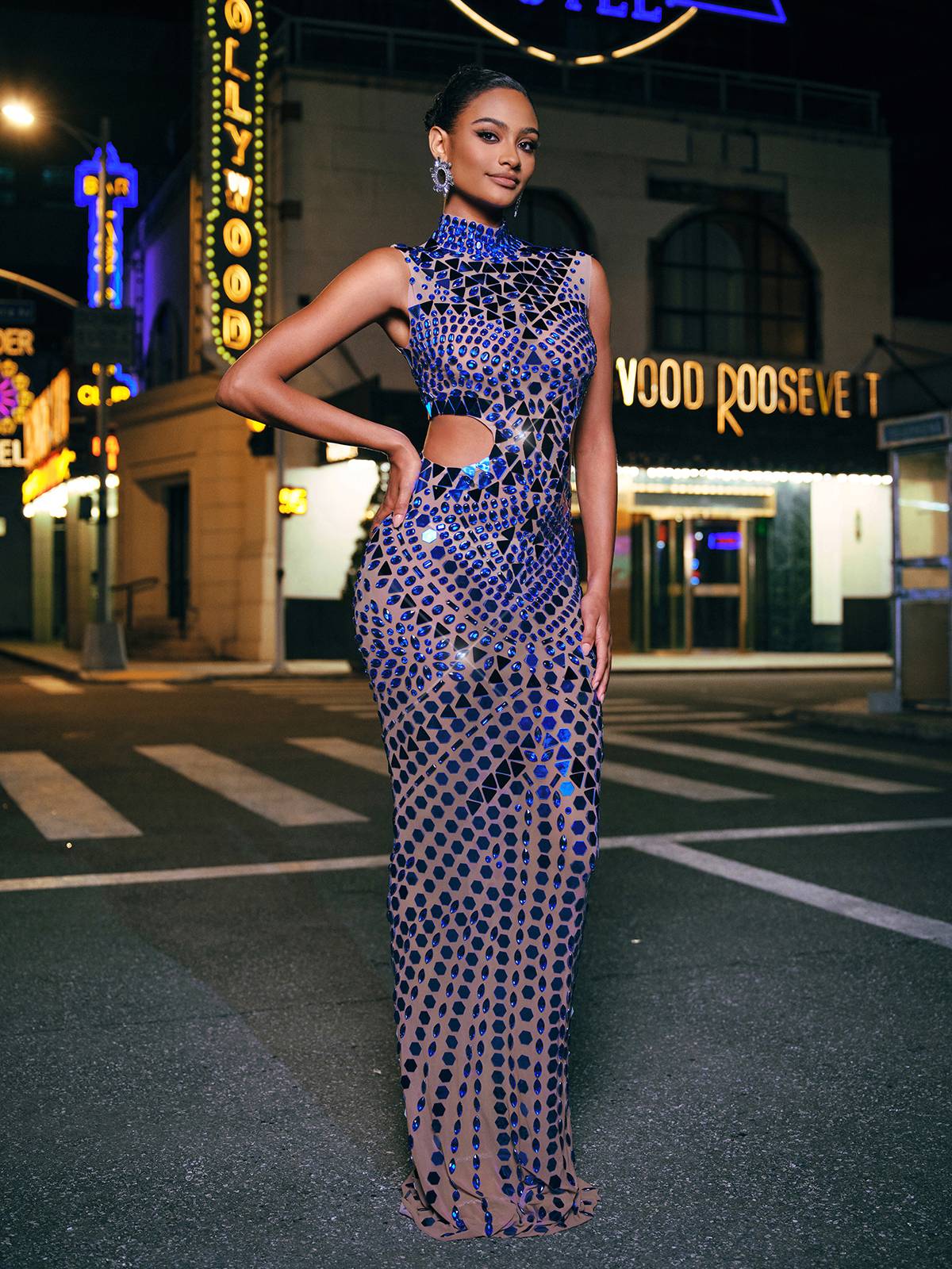High Neck Rhinestone Acrylic Maxi Dress